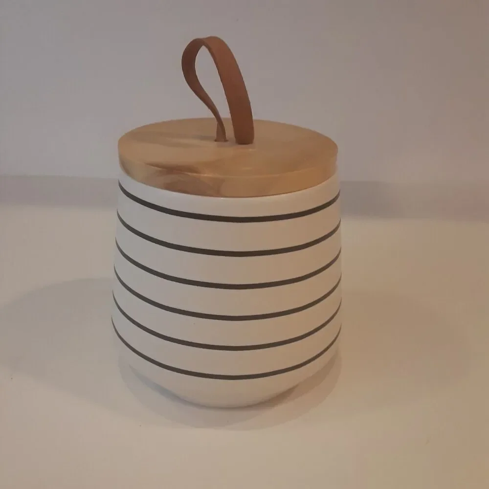Earthenware Striped Jar W/Wood & Leather Pull Top Modern Minimalist